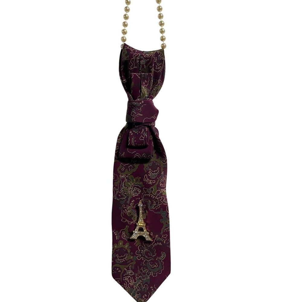 Purple Paisley Tie Necklace With Eiffel Tower Pendant Pearl Chain Accessory